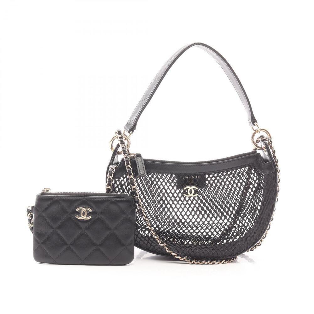 Chanel Coco Mark Handbag Pouch Clutch Lambskin Sheepskin Leather Mesh Black